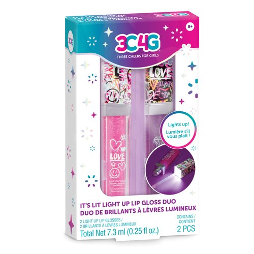 3C4G It's Lit! Light Up Lip Gloss Duo - Glitter Lip Gloss for Kids with Up Lid & Wand - 2 Pack Kids Lip Gloss Set - Strawberry Flavored Lip Gloss for Girls 8-10-12-14 by Make It Real