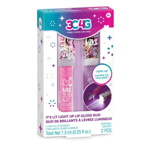 3C4G It's Lit! Light Up Lip Gloss Duo - Glitter Lip Gloss for Kids with Up Lid & Wand - 2 Pack Kids Lip Gloss Set - Strawberry Flavored Lip Gloss for Girls 8-10-12-14 by Make It Real