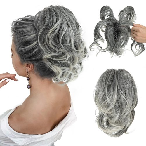 CJL HAIR Claw Clip Short Ponytail Hair Extensions Bendable Metals Messy Bun Hair piece Wavy Curly Fake Hairpieces (Gray and White Tips, Wavy)