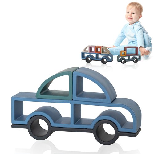 Stick It Montessori Food Grade Silicone Stacking Vehicles, 14 Pcs Toddler Baby Building Blocks Teether Educational Open Ended Shapes STEM Toy, 18+ Months (Car)