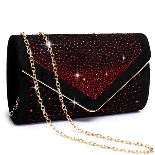 Dasein Women Rhinestone Evening Bag Faux Suede Clutch Formal Party Sparkly Purses Cocktail Wedding Handbag (Red)
