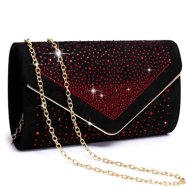 Dasein Women Rhinestone Evening Bag Faux Suede Clutch Formal Party Sparkly Purses Cocktail Wedding Handbag (Red)