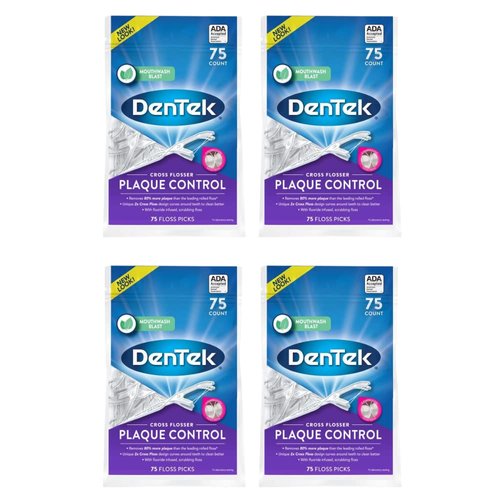 DenTek Cross Flosser Plaque Control Floss Picks, X-Shaped Floss, 75 Count, (Pack of 4)