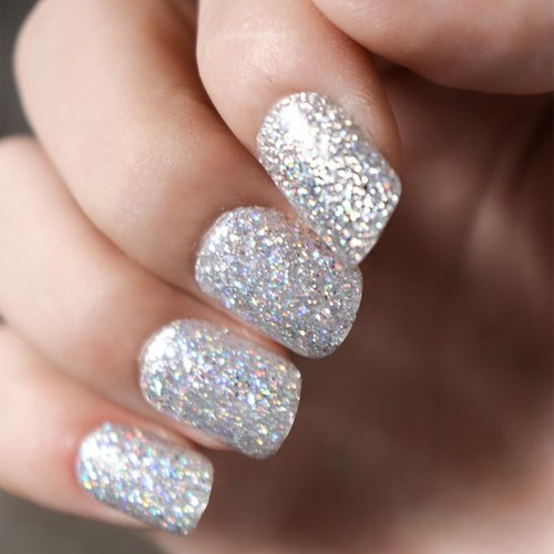 Silver Glitter Press on Nails Short Square Fake Nails Glossy Squoval False Nails with Designs Solid Color Acrylic Nails Set White Glitter Full Cover Glue on Nails for Women Nails Art Decoration 24Pcs