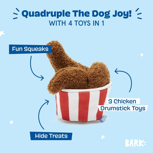 Barkbox 2 in 1 Interactive Plush Dog Toy - Rip and Reveal Toy for Dogs and Puppies - Stimulating Squeaky Pet Toys | Bucket o' Fried Licken