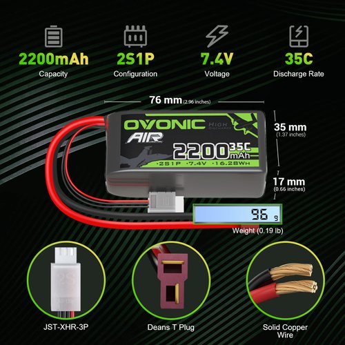 OVONIC 2S Lipo Battery 35C (Burst 70C) 2200mAh 7.4V Lipo Battery with Dean-Style T Connector for RC Airplane Helicopter Quadcopter FPV Racing Drone(2 Packs)