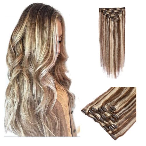 Clip in Hair Extensions Human Hair Balayage Mixed Bleach Blonde 18Inch Ombre Hair extensions Chestnut Brown Highlights 70g 7PCS/Set for Women
