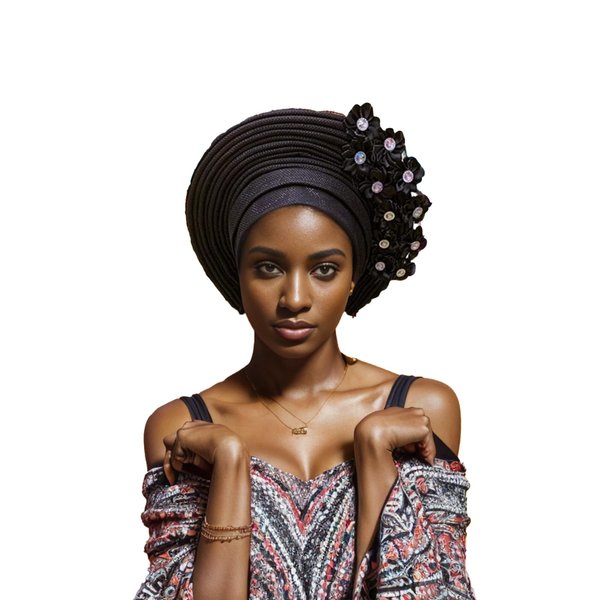 JRZXTWL African Head Wraps Fashion Headbands Stones ASO Oke Auto Gele Headtie Already Made Women's Hats Caps for Wedding Party. (black, Standard)