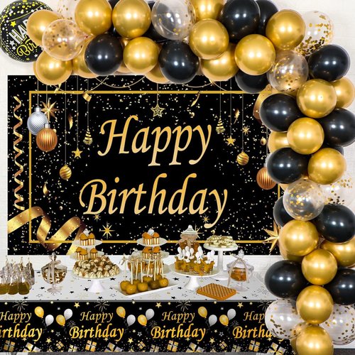Birthday Decorations for Men and Women Black Gold, Happy Birthday Decorations Backdrop & Tablecloth Confetti Balloons Arch Kit, Birthday Party Supplies Beer Bday Decor with Table Cover for 40th 50th