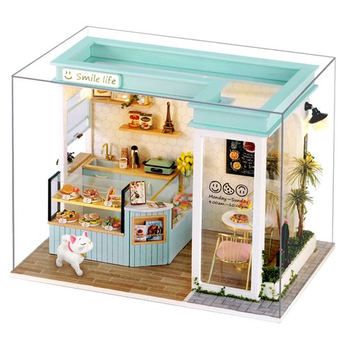 CUTEROOM DIY Doll Room Miniature Furniture House Kit with Dust Cover & LED Light and Accessories-Light Refreshment Restaurant