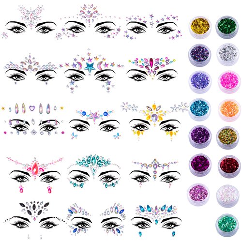 Duufin 15 Sets Face Jewels Stickers Face Gems Glitter Mermaid Face Crystal with 15 Boxes Chunky Face Glitter Temporary Tattoos for Festival Rave Carnival Party
