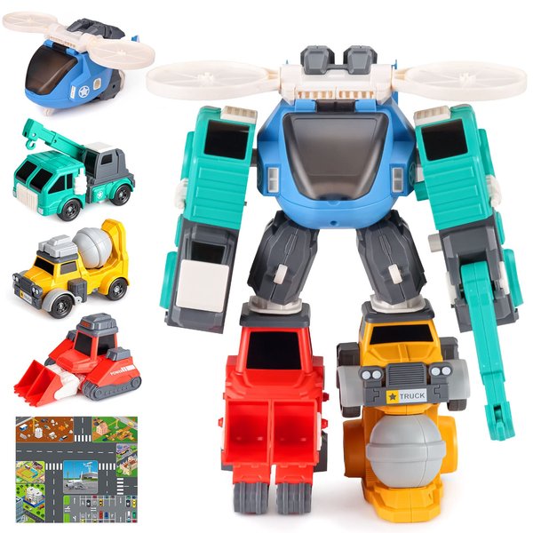ToyBay Toys for 3 4 5 6 7 8 Year Old Boys, Transform Robot Construction Trucks, Magnetic Transforming Toy w/Play Mat, STEM Educational Toys, Easter Birthday for Kids Ages 3+
