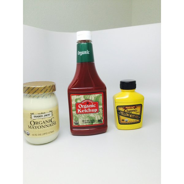 Trader Joes Organic Picnic Bundle Condiment Set Organic Mayonnaise (16 Oz) Organic Yellow Mustard (8 Oz) and Organic Ketchup (24 Oz)