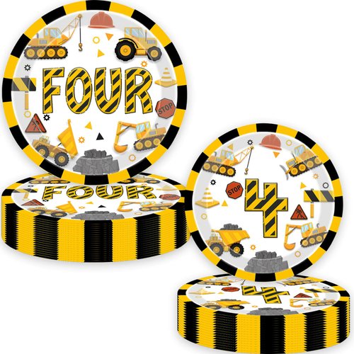 Letromp 80 Pcs Construction 4th Birthday Decorations Construction Four Years Old Disposable Paper Dinner Plates Napkins Forks Dinnerware for Dump Truck Theme Fouth Bday Party Supplies Decorations