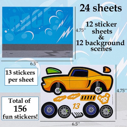 Make Your Own Sticker Scene Mini - 12 Kit Race Car Stickers DIY Stickers for Kids Activities DIY Party Favors Race Car Themed Birthday Party Favors - Stationary Arts & Crafts Kids Craft Activities