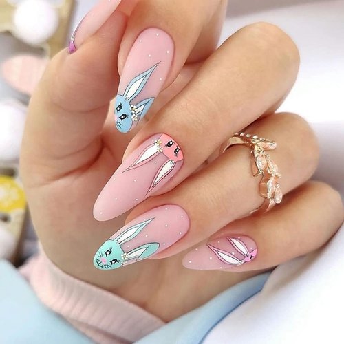 24Pcs Medium Long Easter Rabbit Press on Nails Almond Shaped Nude Pink Cute Bunny Rabbit Fake Nails Easter Design Nail Decorations Full Cover Artificial Glue on Nails for Women Girls DIY Acrylic Nails