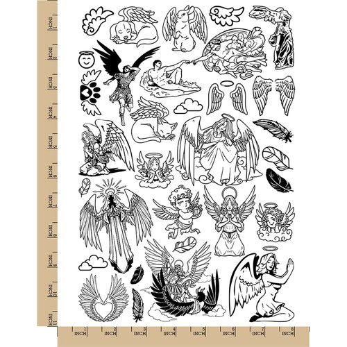 Angel Wings Feathers Cherubs Religious Temporary Tattoo Water Resistant Fake Body Art Set Collection - Black (One Sheet)