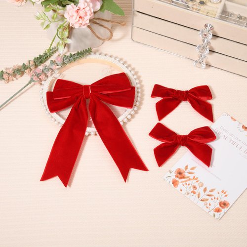 3 PCS Velvet Bows Hair Clip Ribbon Red Accessories Ponytail Holder Hair Bow for Women Girls Toddlers Teens Kids