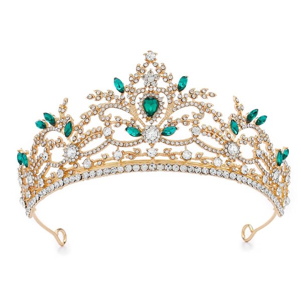 Foyte Baroque Queen Crown Wedding Rhinestone Tiara Gold Bride Crystal Hair Accessories Princess Gemstones Headband Crowns for Women (green rhinestone)