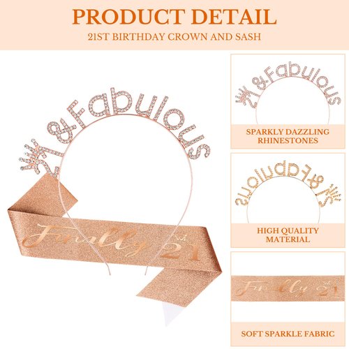CAVETEE 21st Birthday Crown and Sash，Birthday Headband Rose Gold Princess Tiara Finally 21 Sash and Crown Happy Birthday Sash for 21st Birthday Decorations for Birthday Gifts (rose gold)