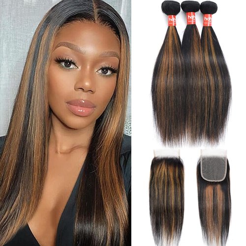 Haha Brown Highlight Human Hair Bundles With Closure Straight Ombre Bundles With Closure Colored Balayage 10A Remy Virgin Hair Weave 3 Bundles With 4x4 Lace Closure Free Part 12 12 12+10 Inch #FB30