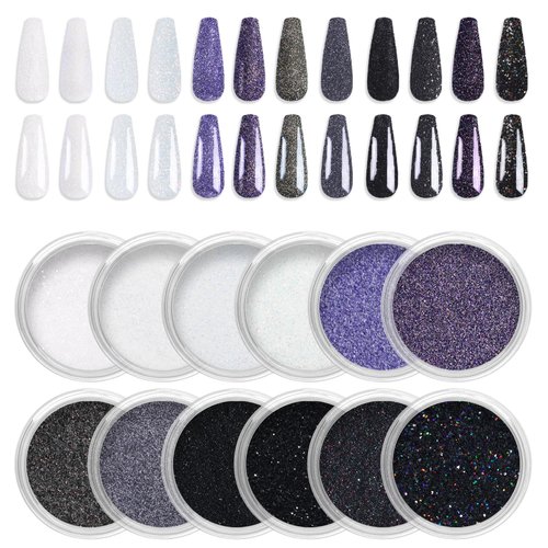 Laza 12 Colors Nail Glitter Powder Shining Sugar Effect Glitter Black White Dust Sand Powder Candy Coat Manicure Nail Art Decoration for Nail Art Tips Decoration DIY Crafts