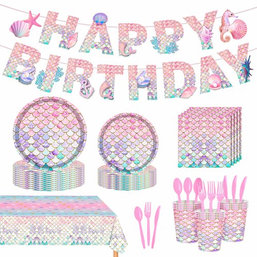 SMILESSKIDDO Mermaid Birthday Decorations - 172Pcs Party Supplies Includes Plates Napkin Cup Fork Knive Spoon Tablecloth Banner for Baby Shower Ocean Party Deco, Serves 24 People