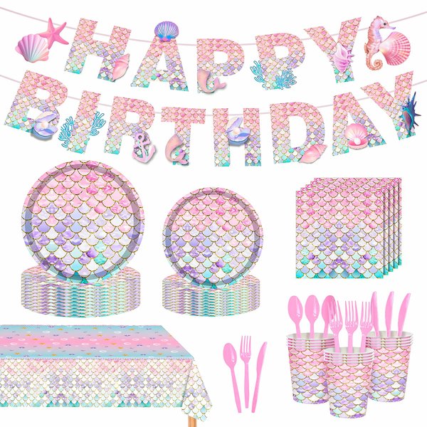 SMILESSKIDDO Mermaid Birthday Decorations - 172Pcs Party Supplies Includes Plates Napkin Cup Fork Knive Spoon Tablecloth Banner for Baby Shower Ocean Party Deco, Serves 24 People