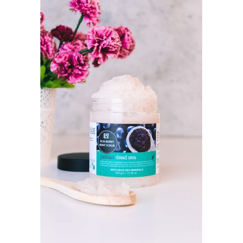 All Natural & Authentic ACAI BERRY Body Scrub with Dead Sea Salt Minerals – Paraben Free – Not Tested on Animals - Infused with Sweet Almond, Sunflower & Grape Seed oils - Exfoliates, Nourishes &