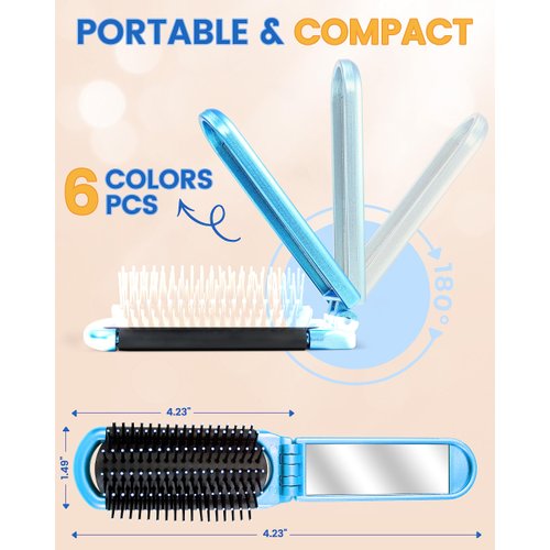 6 PCS Folding Travel Hairbrush Set with Compact Mirror for Women - Mini Pocket Brush with Mirror for Purse and Girls