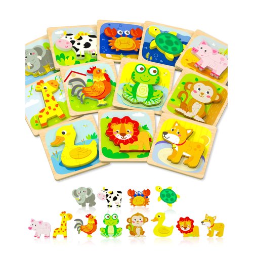 Tonberless Wooden Puzzles Toddler Toys for 1 2 3 Year Old Boy Girl Gifts, Montessori Preschool Educational Learning Toys for 1 2 Year Olds as Christmas Birthday Gifts, 12 Packs Animal Toddler Puzzles