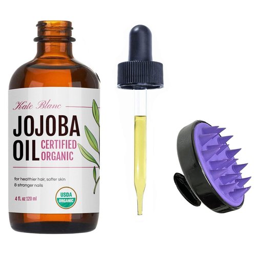 Kate Blanc Cosmetics Jojoba Oil for Hair, Face & Skin with Scalp Massager (4oz, Organic, 100% Pure, Natural)