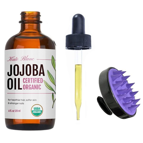 Kate Blanc Cosmetics Jojoba Oil for Hair, Face & Skin with Scalp Massager (4oz, Organic, 100% Pure, Natural)