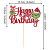 1 PCS Glitter Grinch Happy Birthday Cake Topper Assembled Merry Christmas Grinch Cake Pick for Christmas Theme Baby Shower Kids Birthday Party Cake Decorations Supplies Red