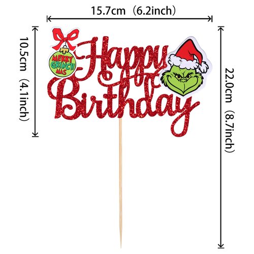 1 PCS Glitter Grinch Happy Birthday Cake Topper Assembled Merry Christmas Grinch Cake Pick for Christmas Theme Baby Shower Kids Birthday Party Cake Decorations Supplies Red