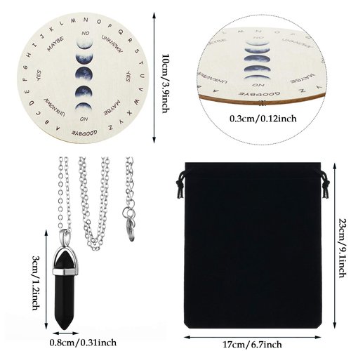 Pendulum Board for Divination Moon Phase Pendulum Board Dowsing Divination Metaphysical Message Board Wood Carven Board with Crystal Dowsing Pendulum Necklace Witchcraft Wiccan Altar Supplies, 4 Inch