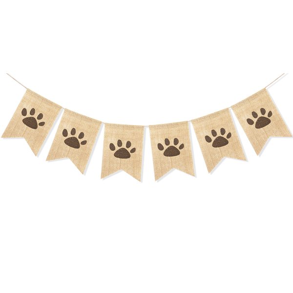 Uniwish Dog Paw Print Banner Puppy Animal Theme Birthday Party Decorations, Rustic Burlap Bunting Pet Party Supplies Garland Photo Props