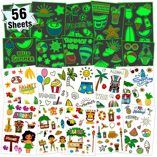Partywind 555 Styles Glow Hawaiian Decorations for Kids Party Supplies, 56 Sheet Hawaiian Luau Temporary Tattoos with Pineapples/Flamingo/Hibiscus Flowers, Beach Pool Party Decor