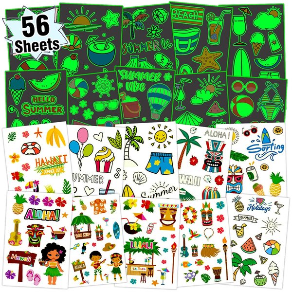 Partywind 555 Styles Glow Hawaiian Decorations for Kids Party Supplies, 56 Sheet Hawaiian Luau Temporary Tattoos with Pineapples/Flamingo/Hibiscus Flowers, Beach Pool Party Decor