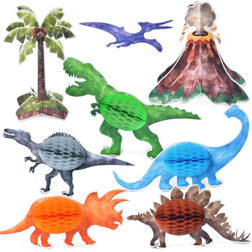 WERNNSAI 8 PCS Watercolor Dinosaur Party Honeycomb Centerpieces - Dinosaur Birthday Party Table Decorations for Kids Boys Dino Themed Party Supplies Table Toppers 3D T-Rex Volcano Centerpieces Decors