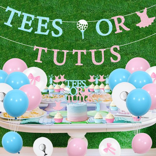 Sursurprise Golf Gender Reveal Decorations, Tees or Tutus Banner Pink Blue Balloons Cupcake Toppers for Boy or Girl Golf Baby Shower Gender Reveal Party Supplies