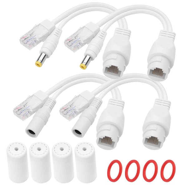 YACSEJAO 12V Passive PoE Injector and PoE Splitter Kit,2 Pair RJ45 Waterproof Passive Power Over Ethernet DC PoE Adapter Connector Cables(White)