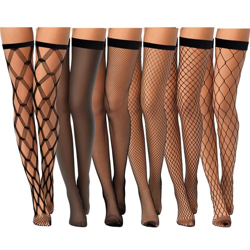 Janmercy 6 Pairs Women Thigh High Fishnet Stockings with Top Elastic Band Sheer Stockings Over the Knee Pantyhose Hosiery (US, Alpha, Medium, Regular, Regular, Black)