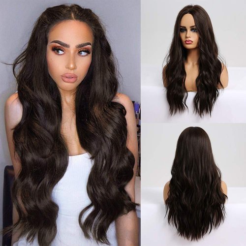 piaou Dark Brown Wig Long Wavy Synthetic Wigs for Women Natural Wavy Heat Resistant Hair Brunette Wigs Cosplay Costume Party Wig (Dark Brown)