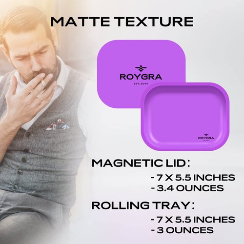 roygra Rolling Tray, Metal Matte Decorative Tray with PVC Soft Magnetic Lid, 7 x 5.5 inch - White