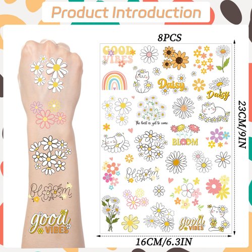 Yoyuspy Dasiy Flower Temporary Tattoos - 200+ Daisy Birthday Party Decorations Cute Bloom Floral Temporary Tattoos Stickers Gifts for Kids Daisy Party Decoration Favors Supplies Rewards Prizes