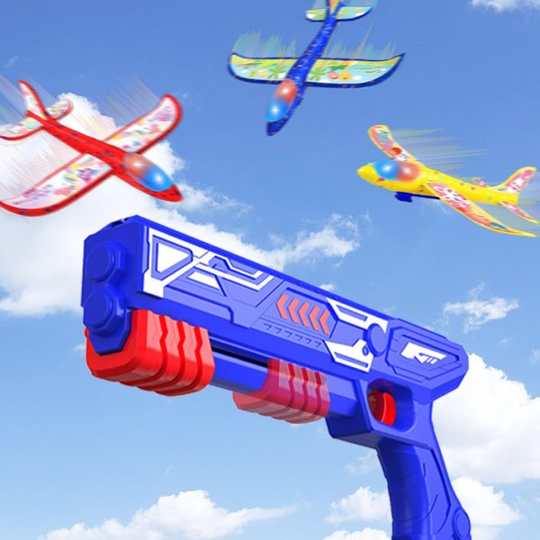 VUYIKOEN 3-Piece Aircraft Launcher Toy Set 3-in-1 Foam Glider Flight Mode 12.5 inch LED Ejection Aircraft Sticker Children's Flight Toys Birthday Gifts Party Supplies