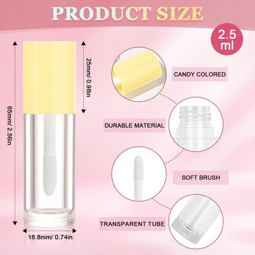 2.5ml 12 PCS Empty Lip Gloss Tubes with Wand Lip Gloss Containers Cute 0.08oz Clear Refillable Lipgloss Making Supplies Kit for DIY Makeup+ 2pcs Syringes (Yellow)