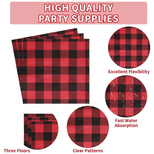 96PCS Red and Black Buffalo Plaid Party Supplies Buffalo Plaid Party Plates Disposable 350GSM Christmas Red Black Gingham Tableware for Birthday Lumberjack Christmas Party Decorations, Serves 24