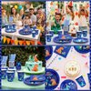 MIG4U 120PCS Dinosaur Plates for Birthday Party Decorations, 24 Dinosaur Paper Plates and Napkins Sets with Cups & Straws for Boy and Girl, Dino Kids Party Supplies Blue